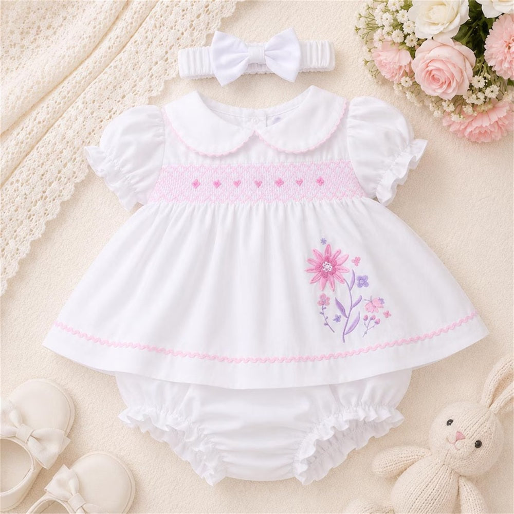 2PCS Gorgeous Short Sleeve Floral Embroidery Baby Romper