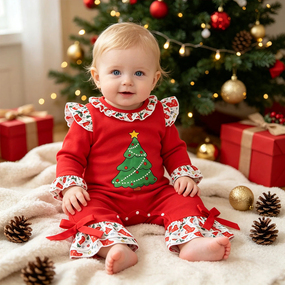 Sweet Xmas Tree Print Ruffle Long Sleeve Holiday Girl Jumpsuit