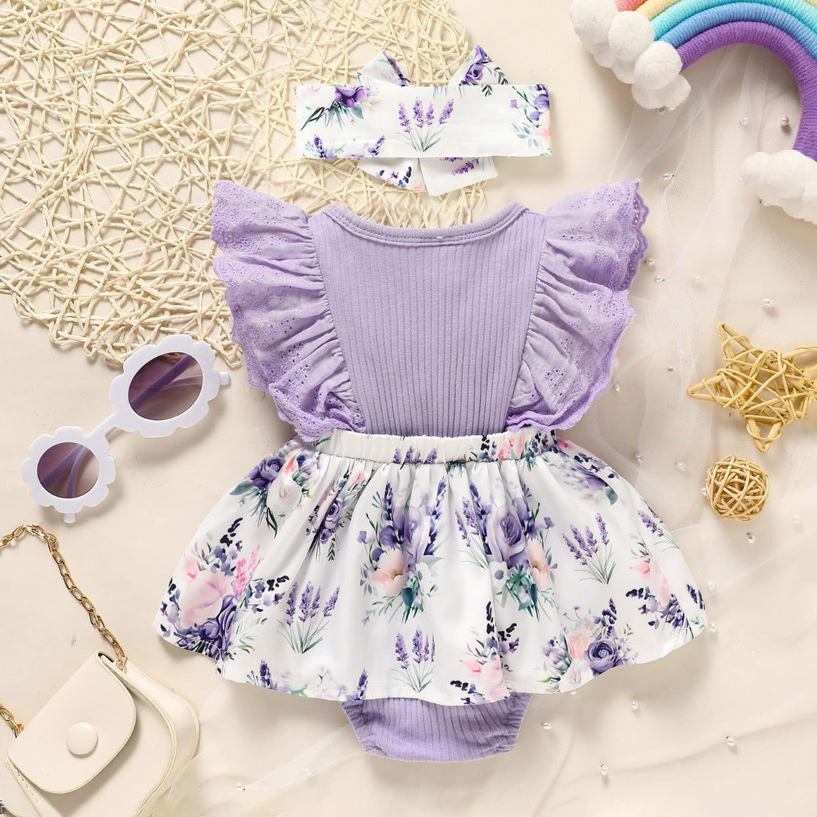 2PCS Cute Floral Printed Ruffled Sleeveless Baby Romper