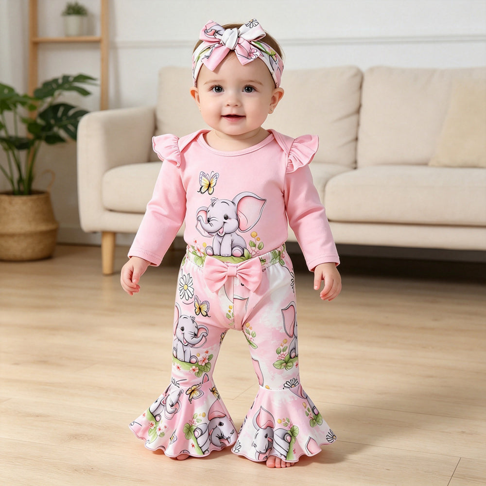 3PCS Sweet Elephant Floral Printed Long Sleeve Baby Set