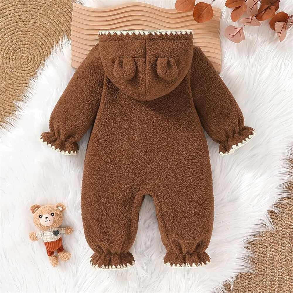Lovely Fuzzy 3D Bear Applique Long Sleeve Baby Jumpsuit