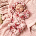 2PCS Charming Floral Print Zipper Long Sleeve Baby Girl Jumpsuit
