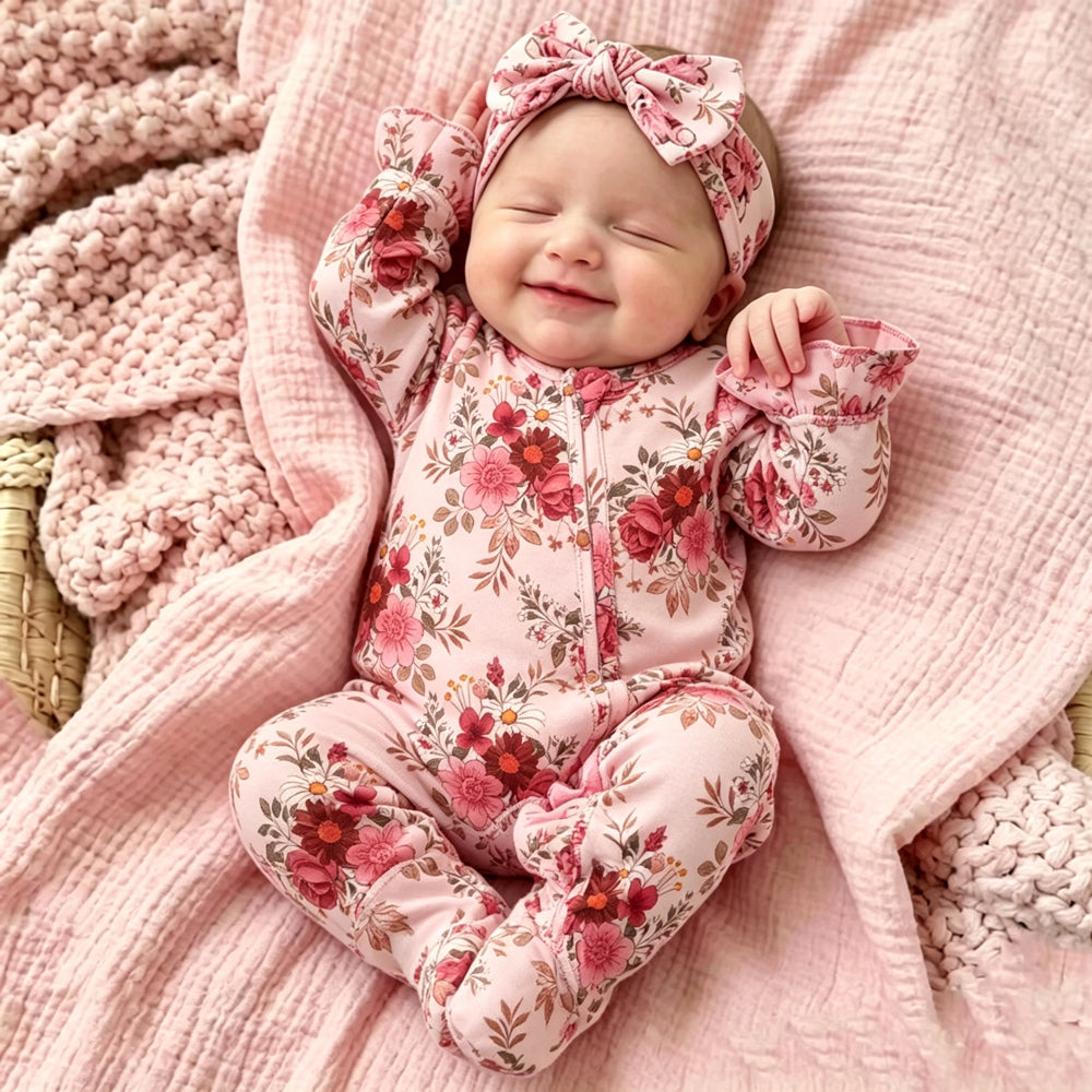 2PCS Charming Floral Print Zipper Long Sleeve Baby Girl Jumpsuit
