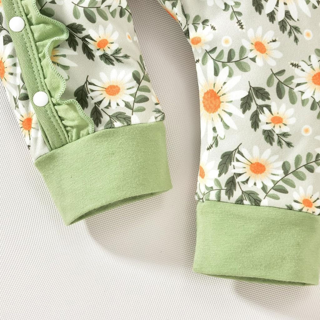 2PCS Cottagecore Daisy Print Ruffle Long Sleeve Baby Jumpsuit