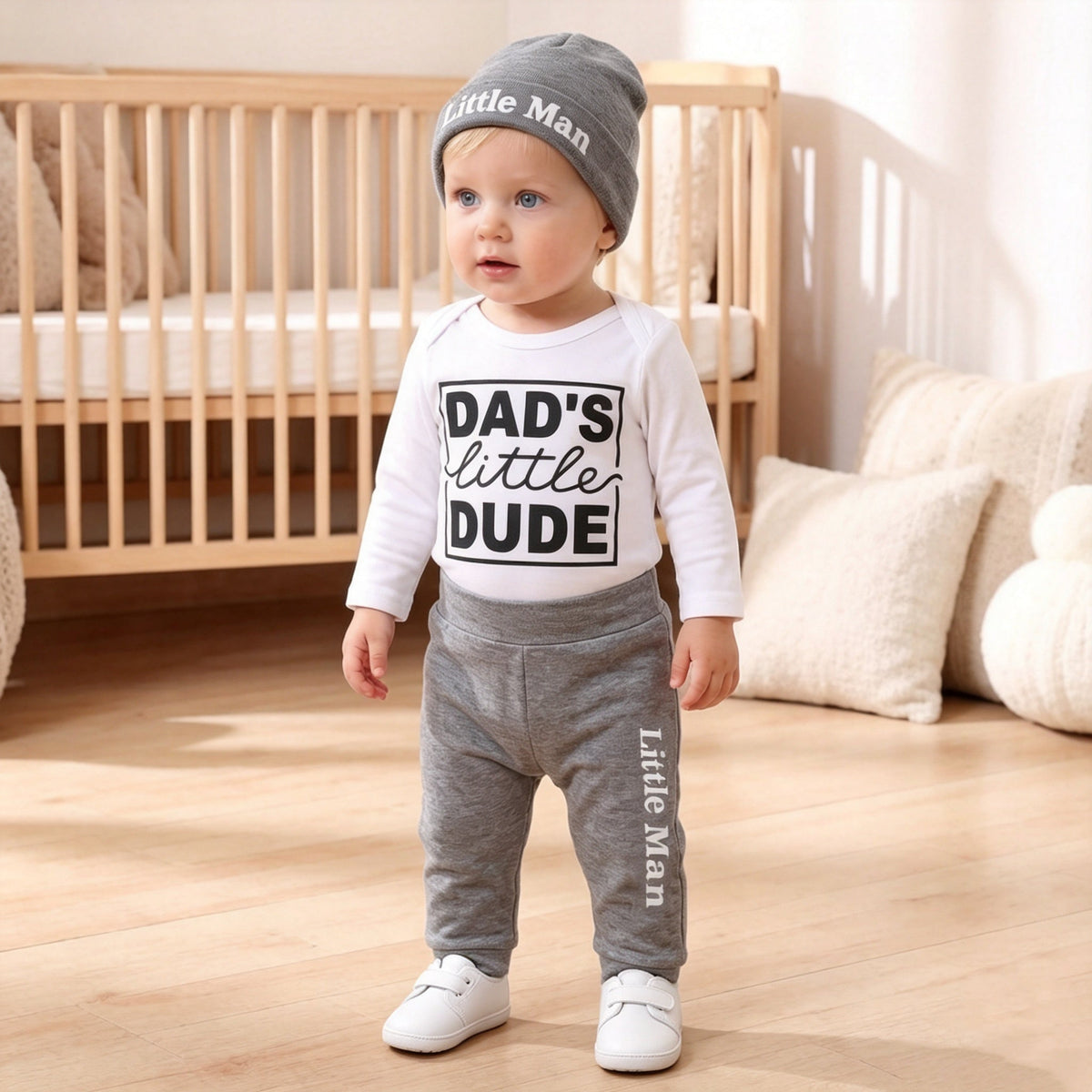 3PCS Dad's Little Dude Letter Printed Long Sleeve Baby Set