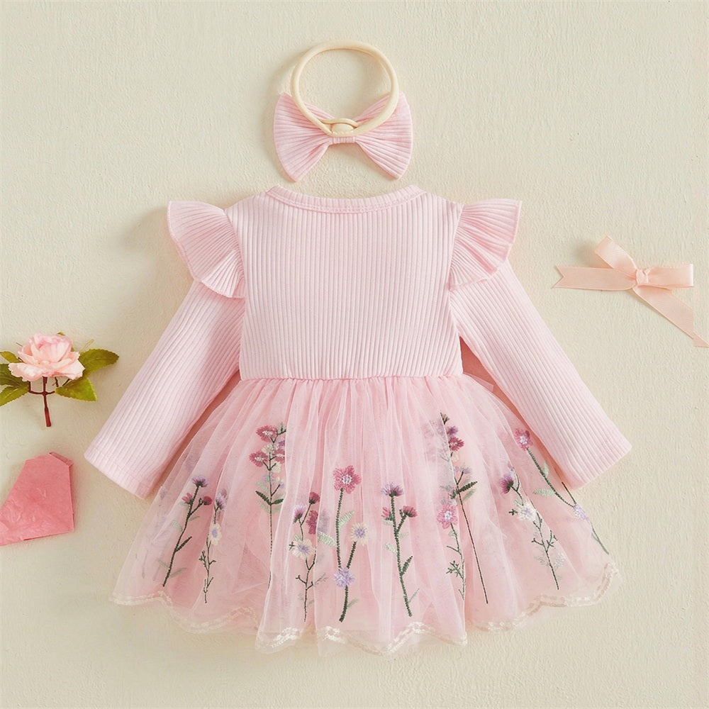 2PCS Delightful Floral Embroidery Mesh Long Sleeve Baby Romper