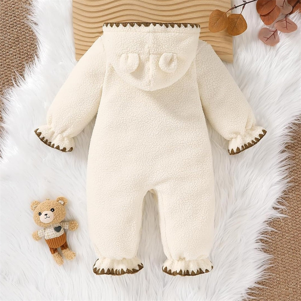 Lovely Fuzzy 3D Bear Applique Long Sleeve Baby Jumpsuit