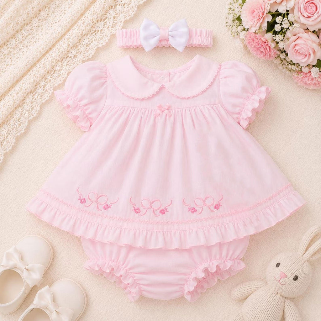 2PCS Sweet Floral Bow Embroidered Short Sleeve Baby Romper