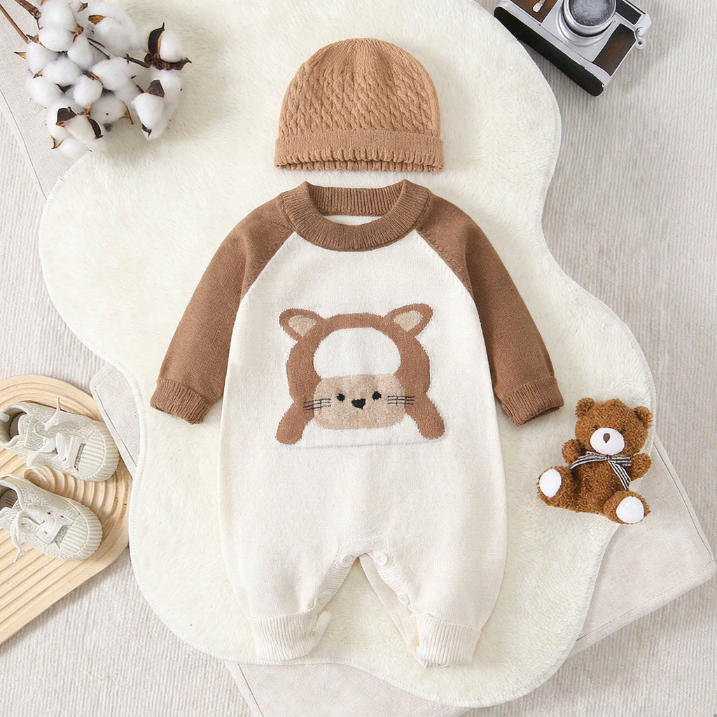 2PCS Cartoon Lamb Print Knit Long Sleeve Baby Jumpsuit