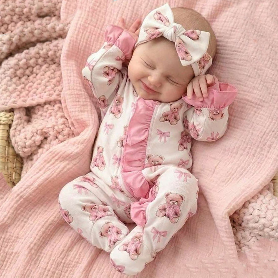 2PCS Gorgeous Bear Print Ruffle Zipper Baby Jumpsuit