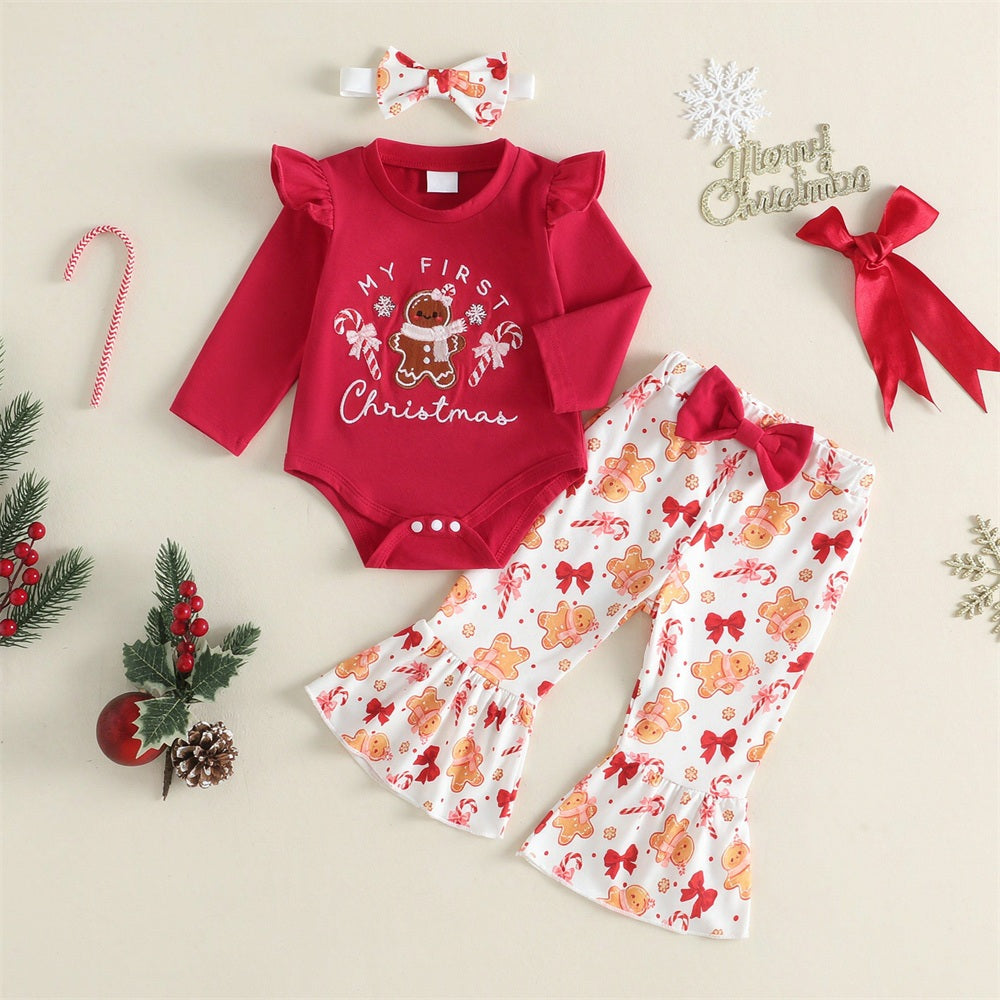3PCS My First Christmas Letter Print Gingerbread Appliqué Baby Girl Set