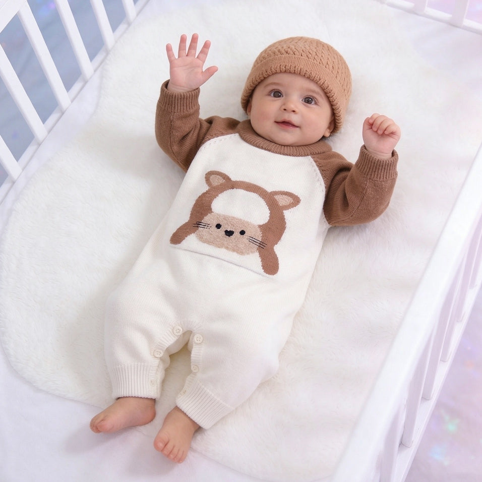 2PCS Cartoon Lamb Print Knit Long Sleeve Baby Jumpsuit