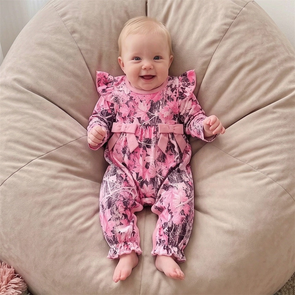 Exquisite Floral Print Ruffle Long Sleeve Baby Jumpsuit