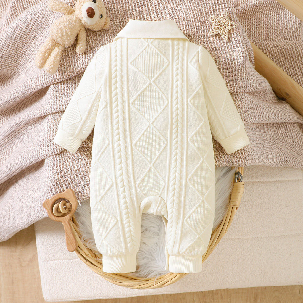 Cable Knit Rhombus Bear Embroidery Long Sleeve Baby Jumpsuit