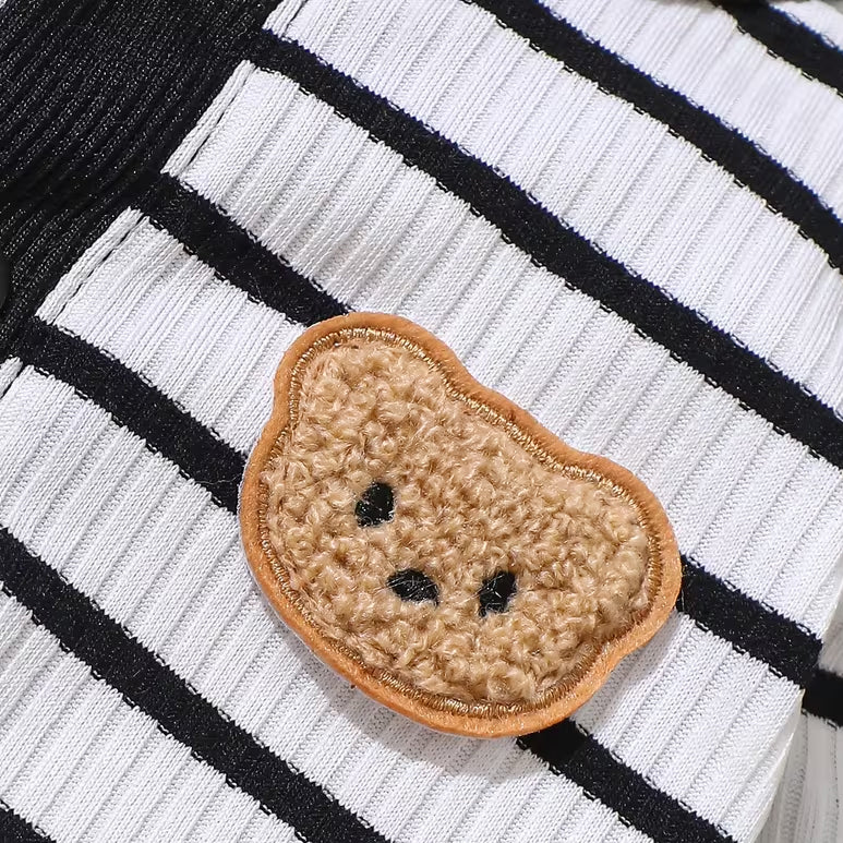 3PCS Cute Bear Patch Stripe Print Long Sleeve Baby Set