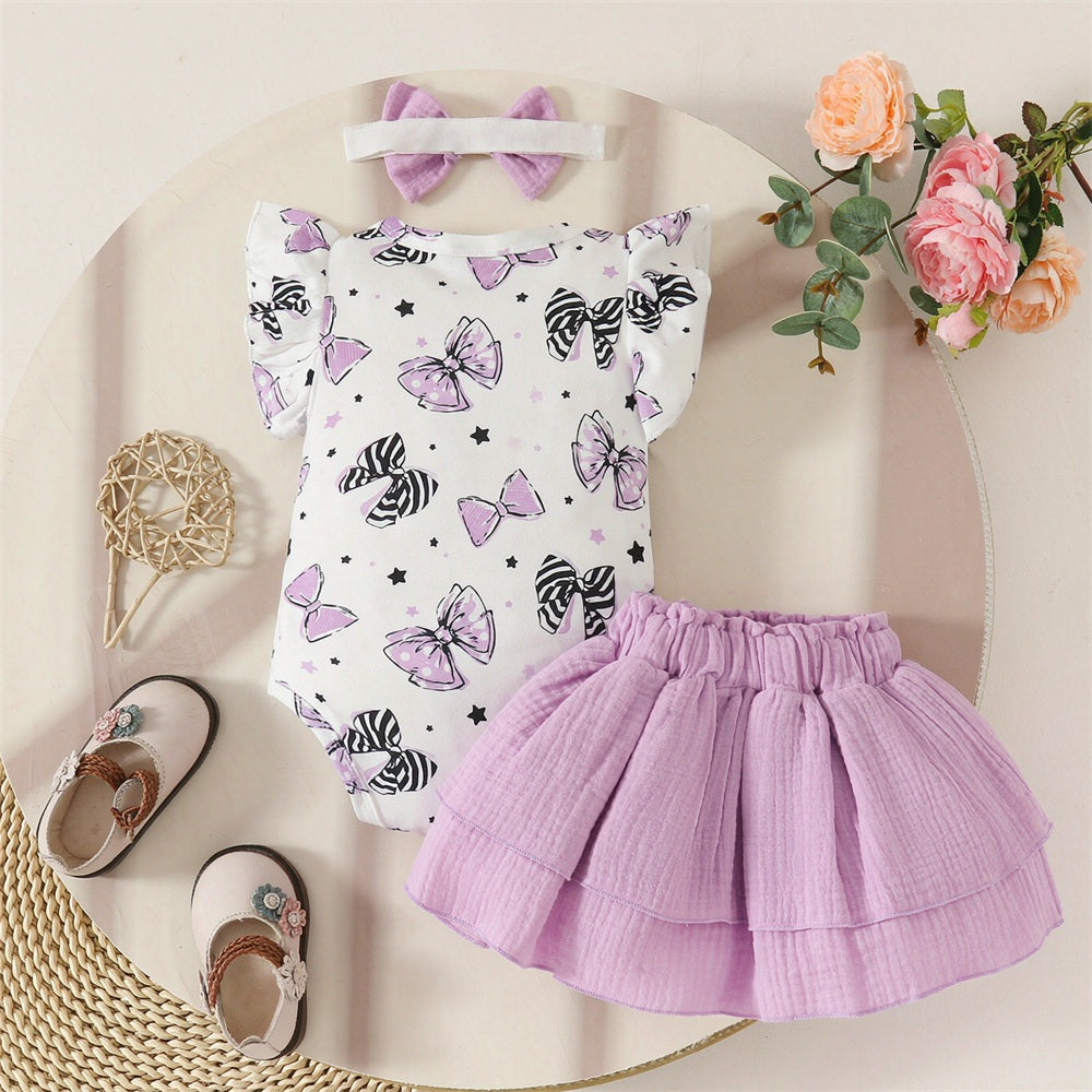 3PCS Grace Bow Printed Flutter Sleeve Baby Set