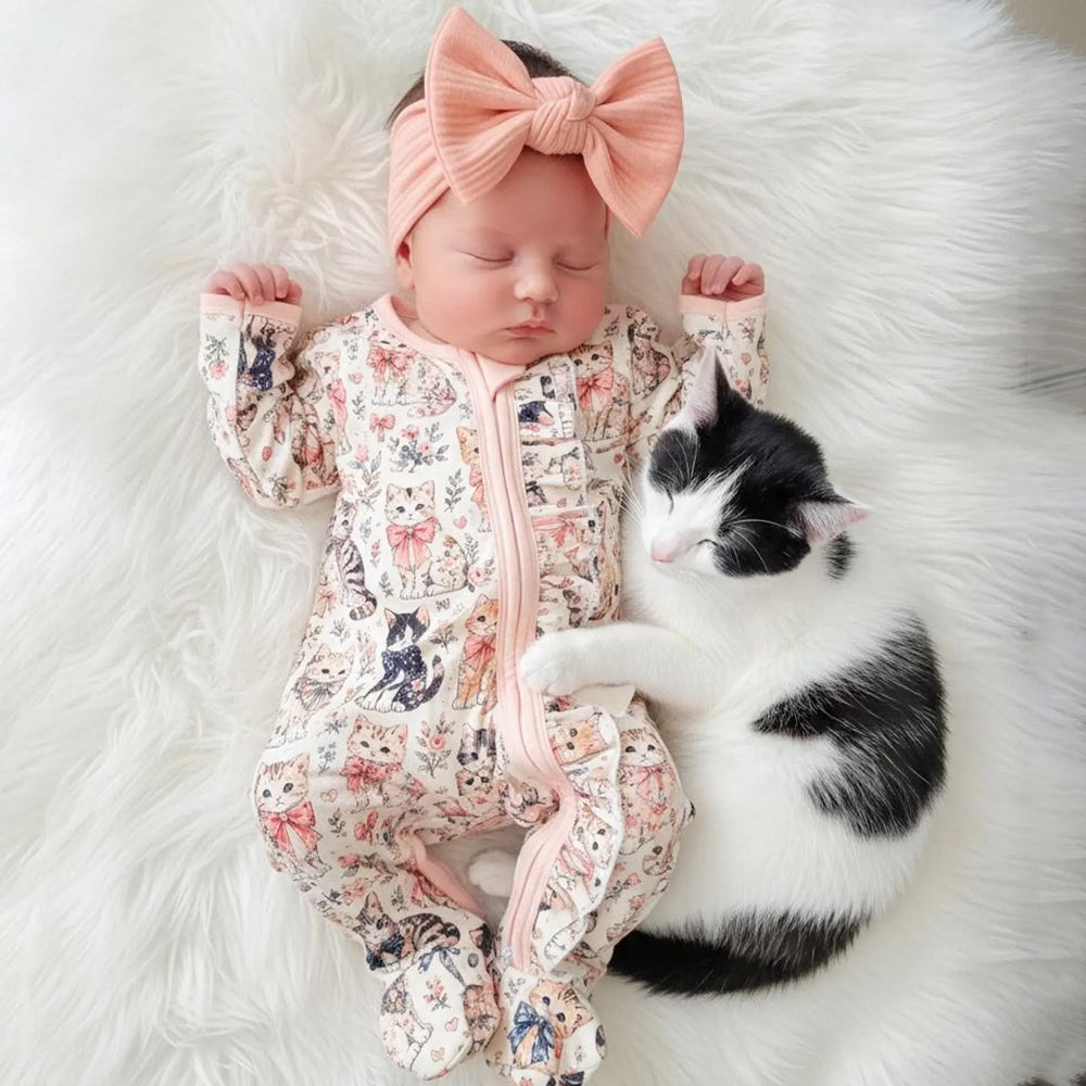 Lovely Cat and Floral Print Ruffle Zipper Long Sleeve Baby Girl Jumpsuit