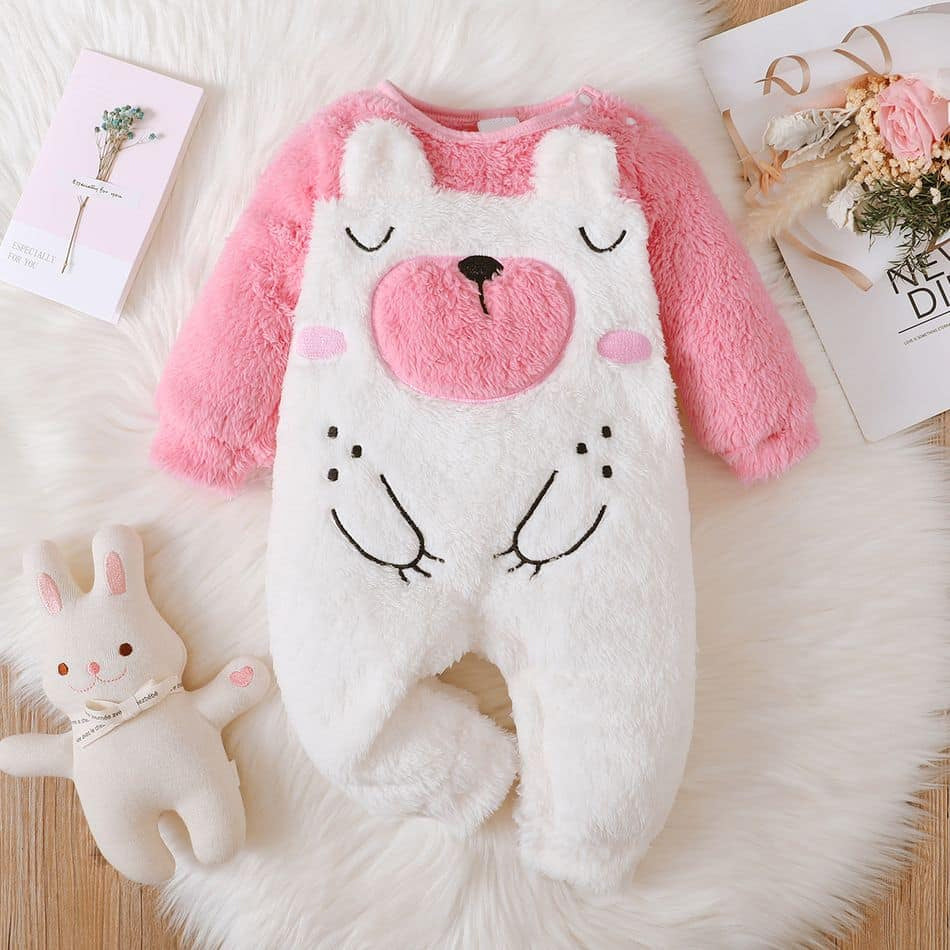 Sweet Fuzzy Bear Design Long Sleeve Baby Girl Jumpsuit